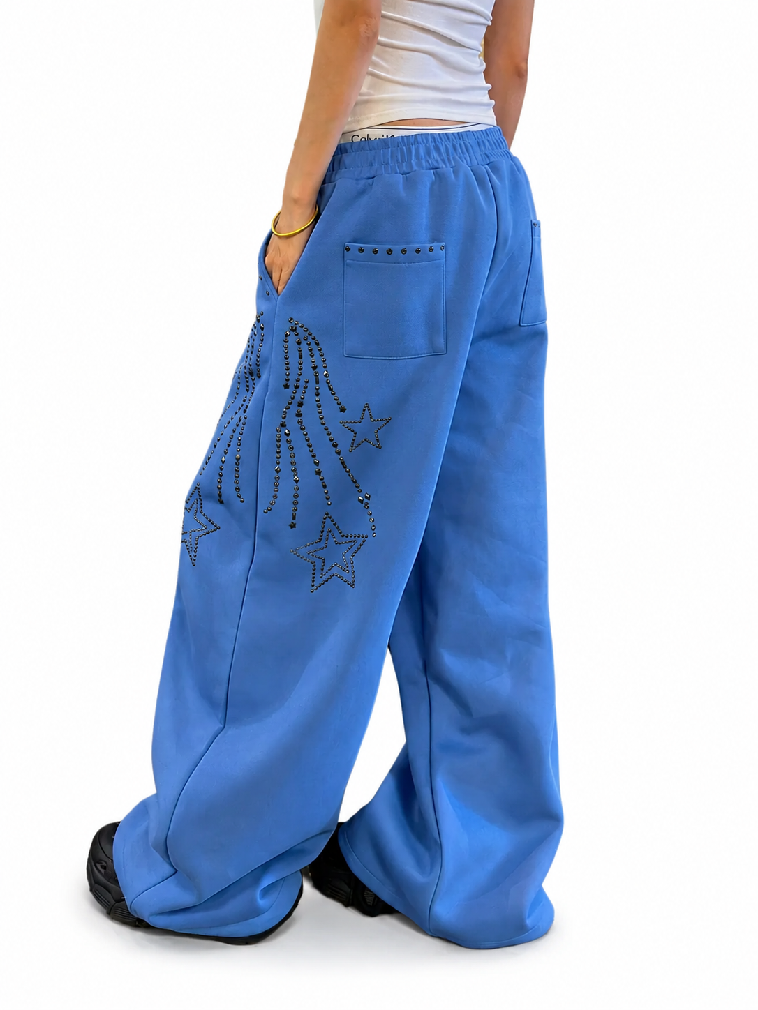 Ace Jolun blue studded star sweatpants back view