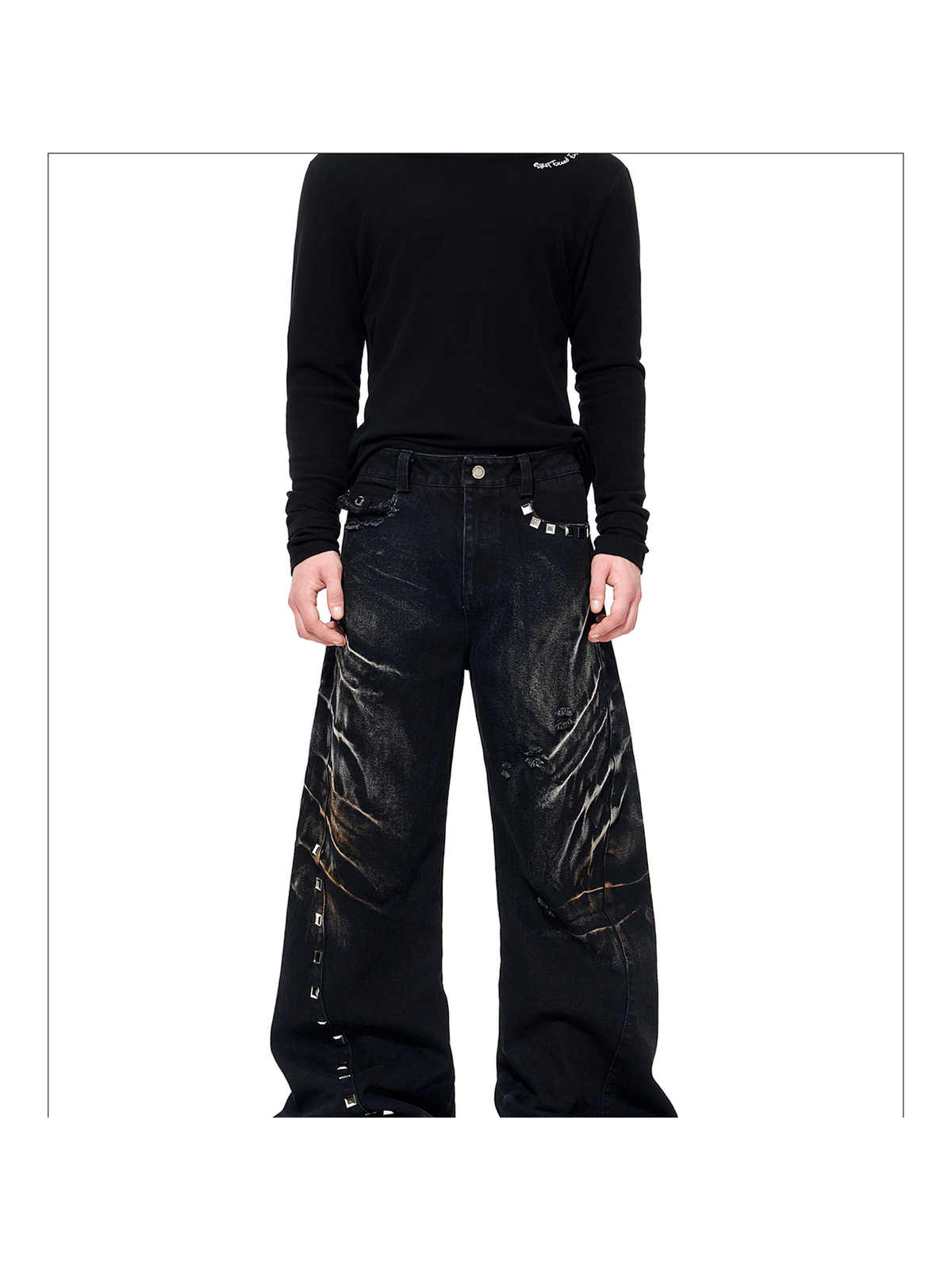 Studded Whisker-Wash Wide-Leg Jeans product view 1