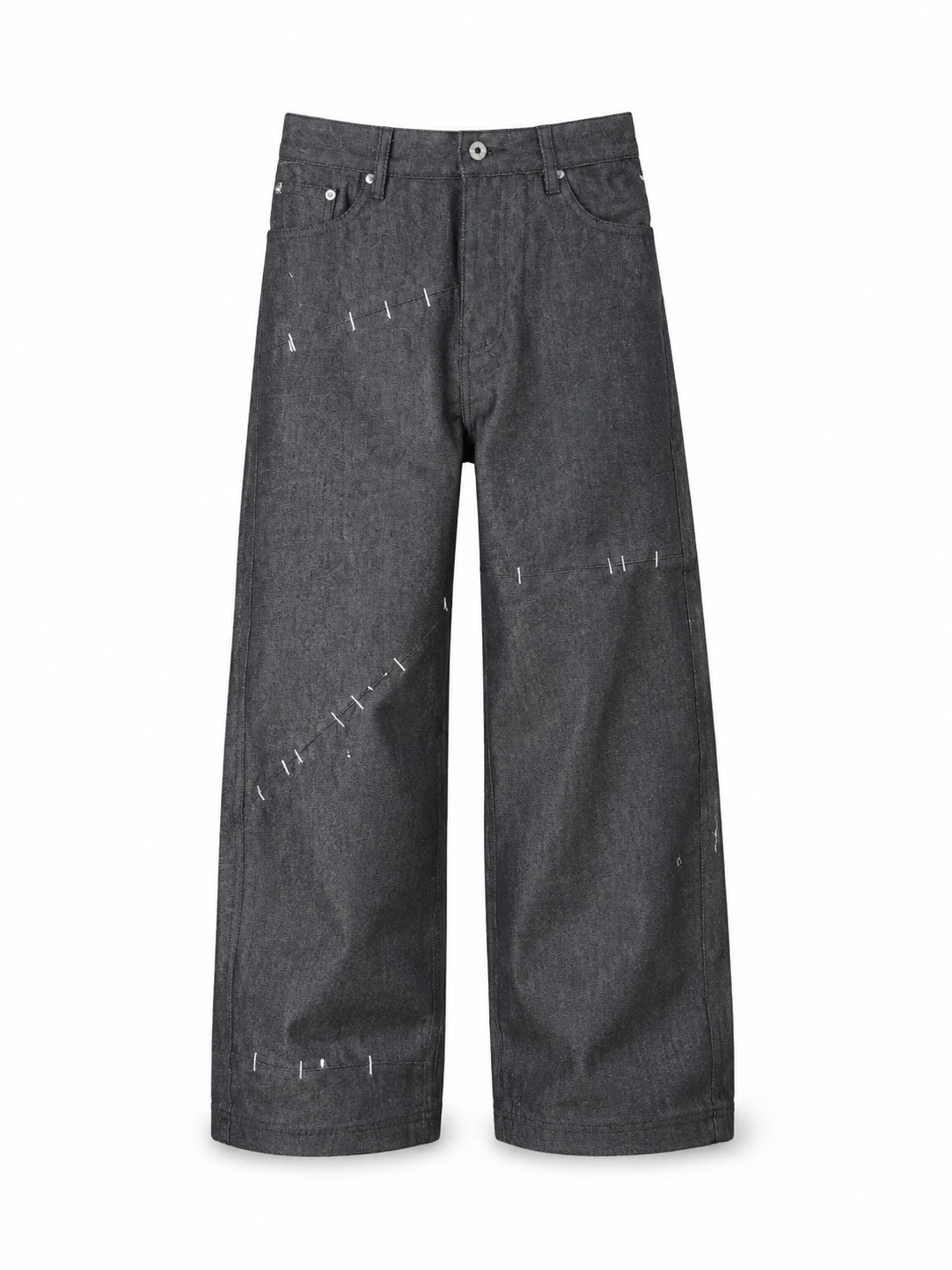 Washed black tack-stitch paneled wide-leg jeans front view