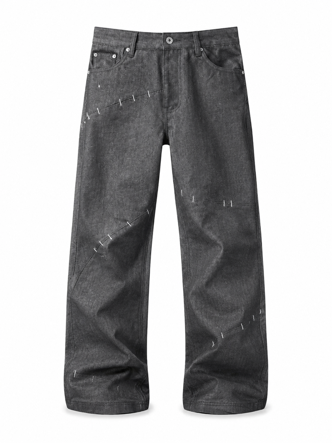 Washed black tack-stitch jeans full front view
