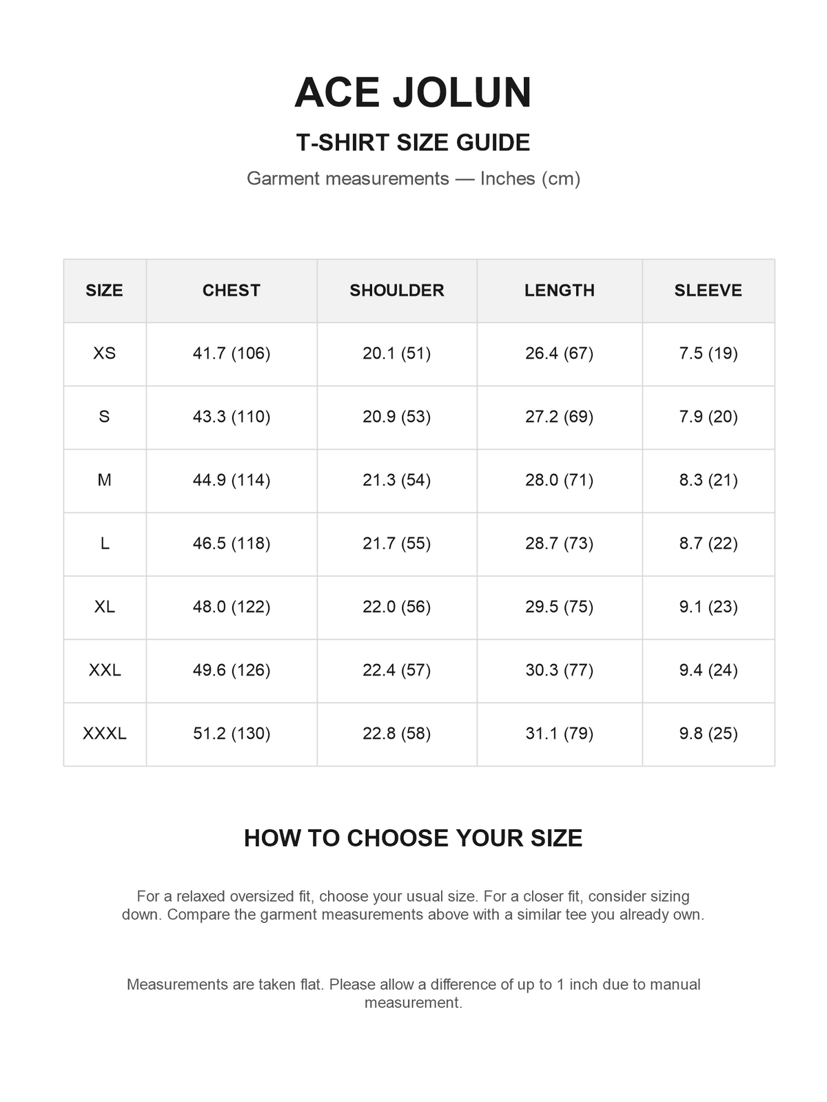Ace Jolun Size Guide — English
