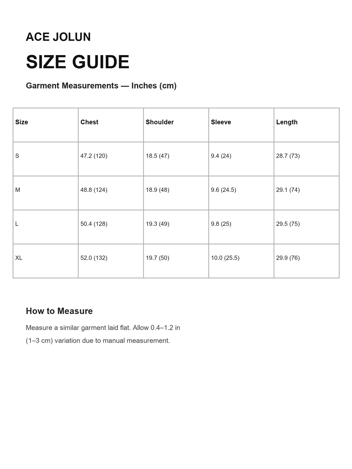 Ace Jolun size guide for Tie-Dye Puppy Graphic Tee