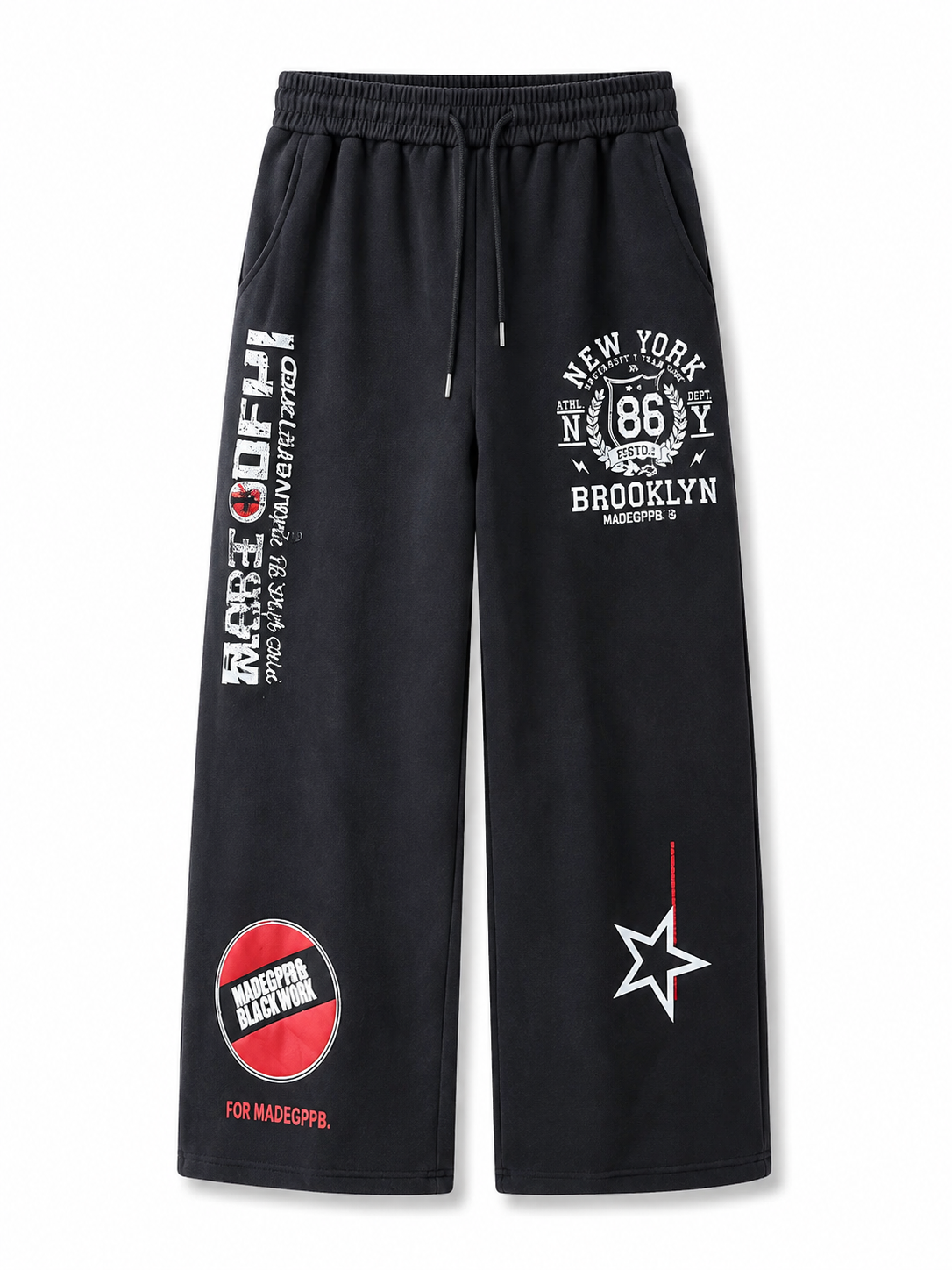 Black varsity graphic ultra-wide-leg sweatpants front view