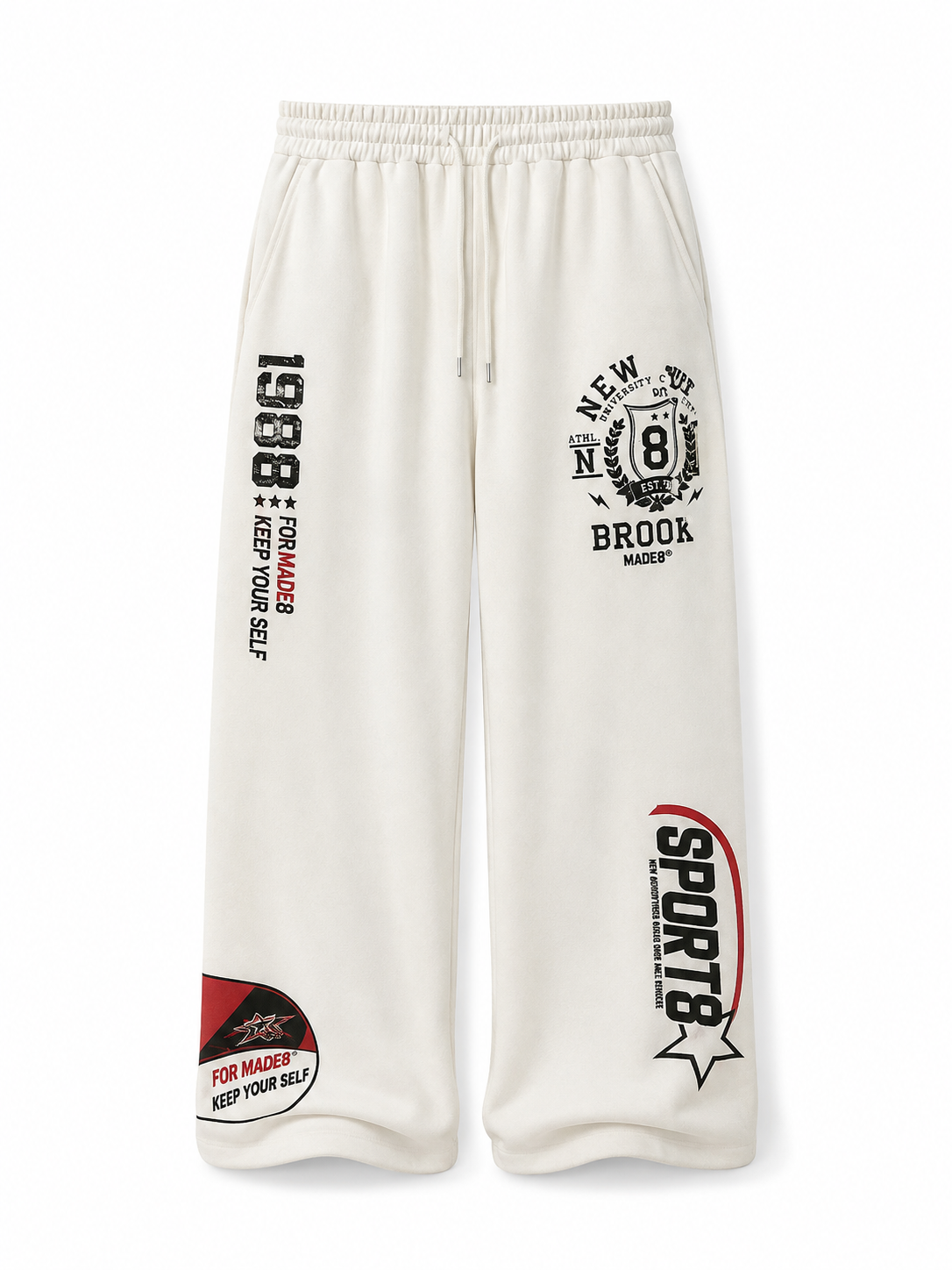 Ivory varsity graphic wide-leg sweatpants front view