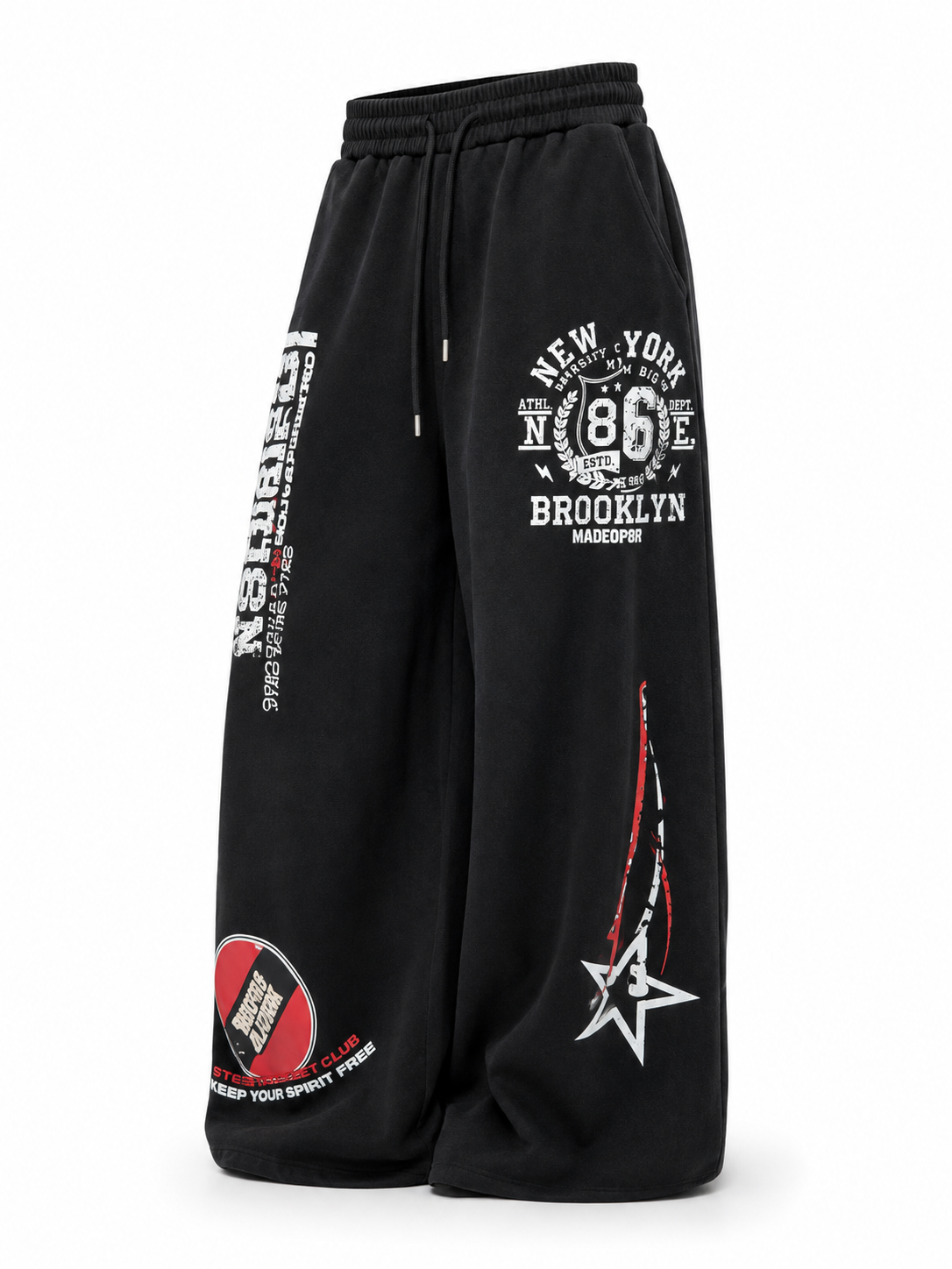 Black varsity graphic sweatpants angled view
