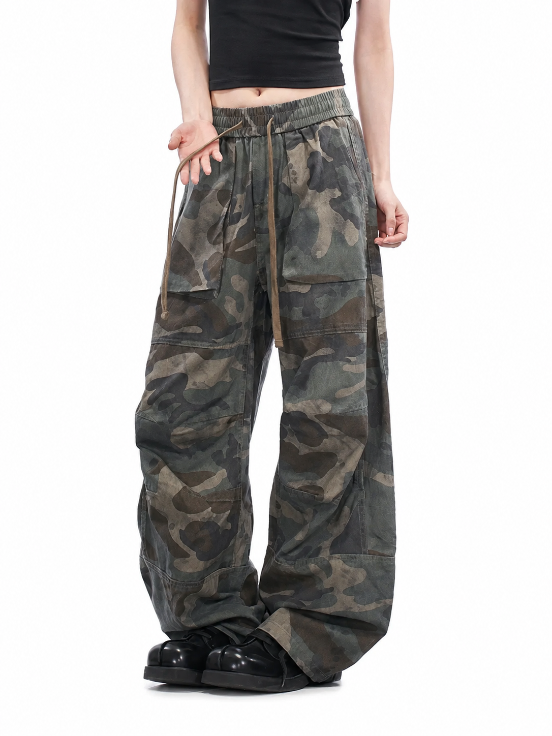 Ace Jolun washed green camouflage wide-leg cargo pants front view