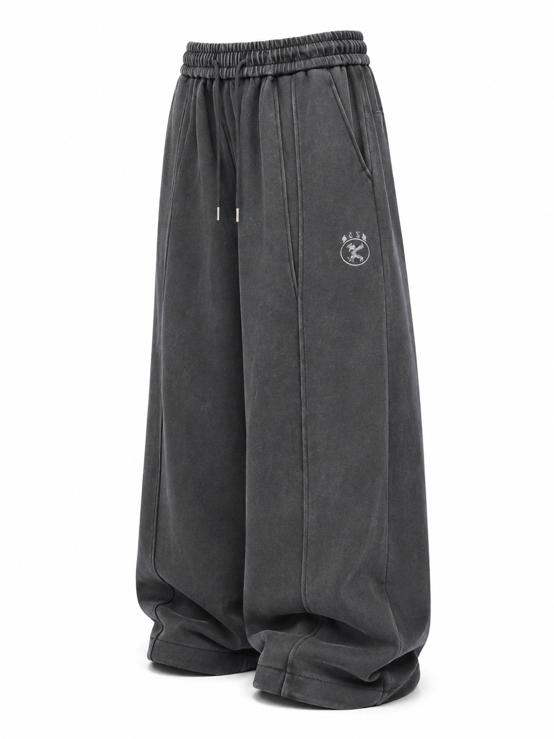 Washed charcoal dragon sweatpants angled view
