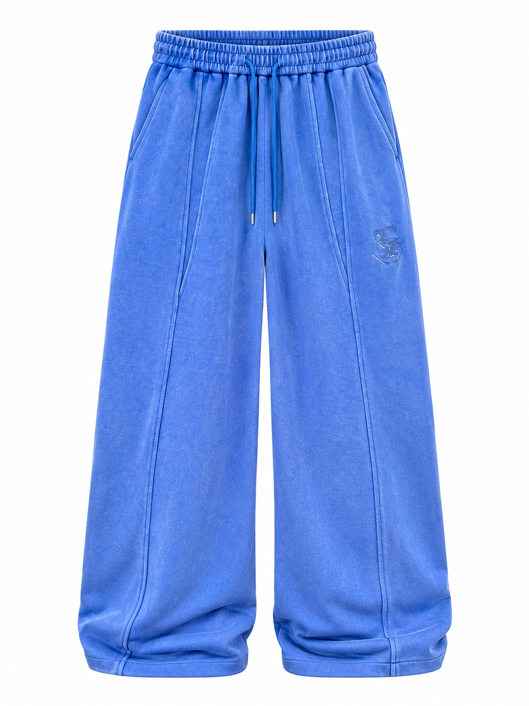 Washed blue dragon ultra-wide-leg sweatpants front view
