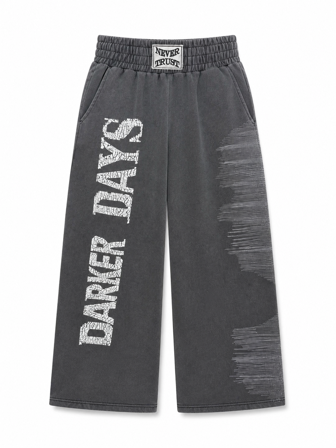 Charcoal gray graphic sweatpants angled view