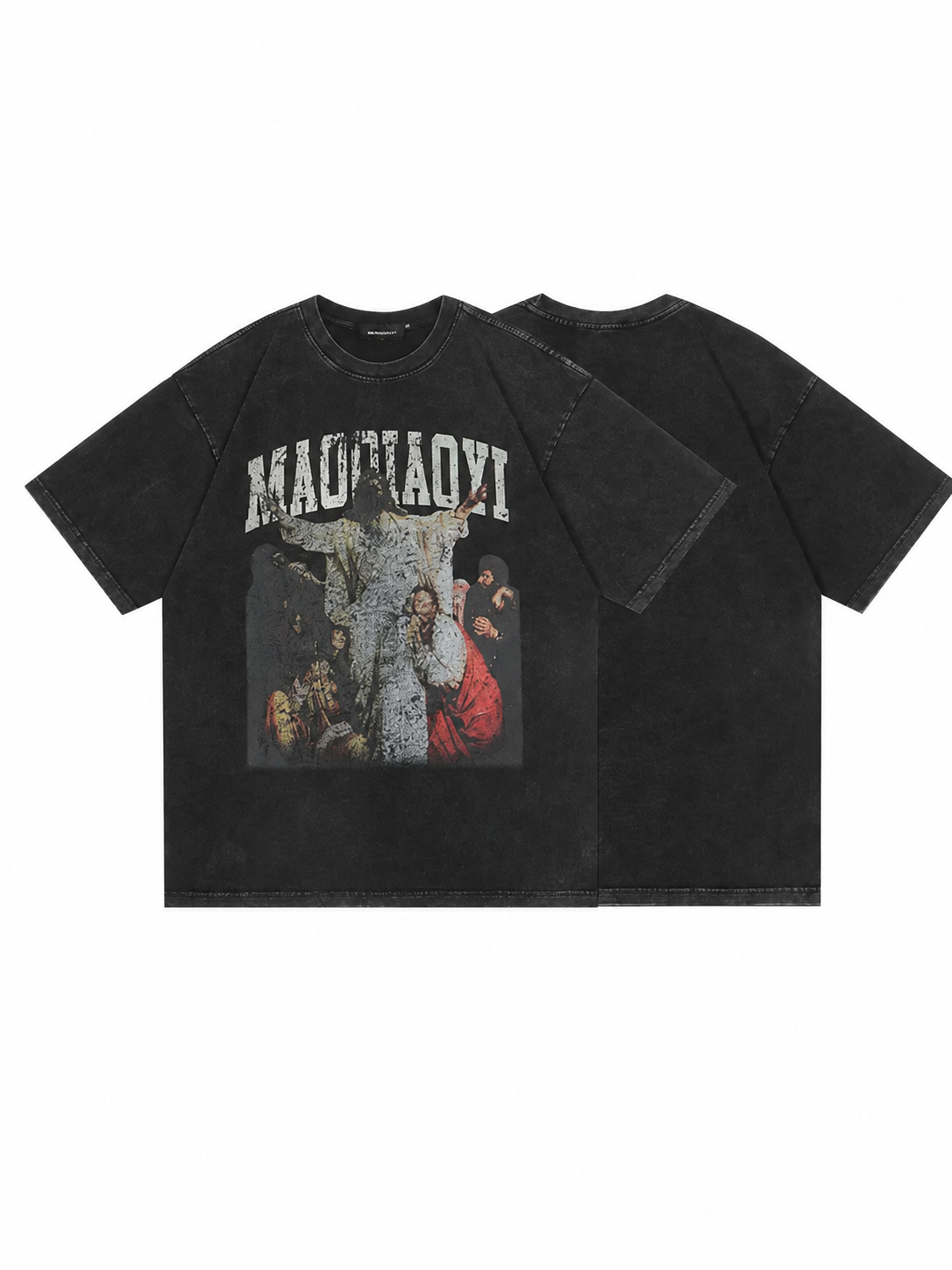 Ace Jolun washed black portrait graphic T-shirt front and back view