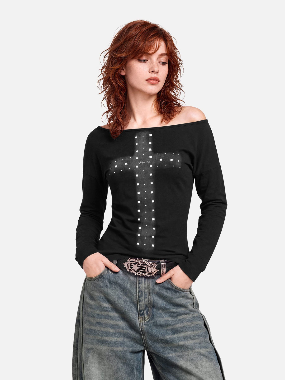 Studded Cross Off-The-Shoulder Long Sleeve Tee product image 1