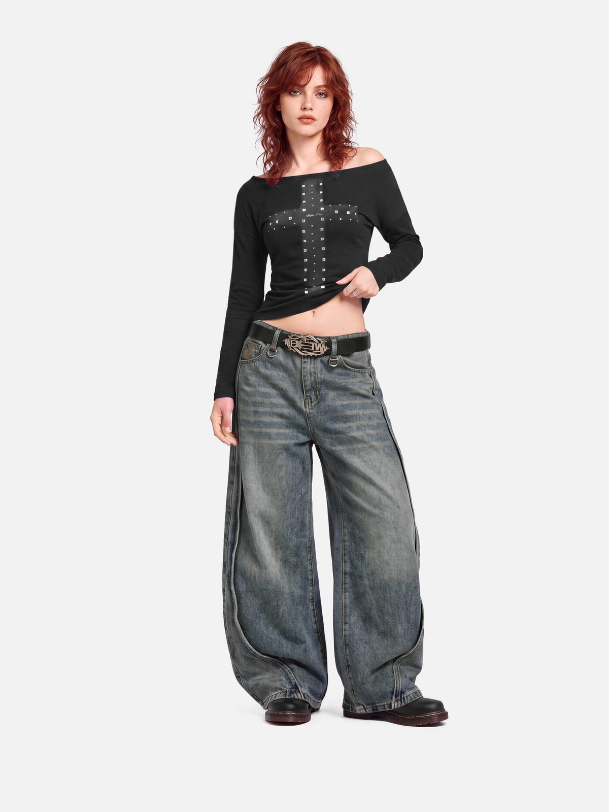 Studded Cross Off-The-Shoulder Long Sleeve Tee product image 3