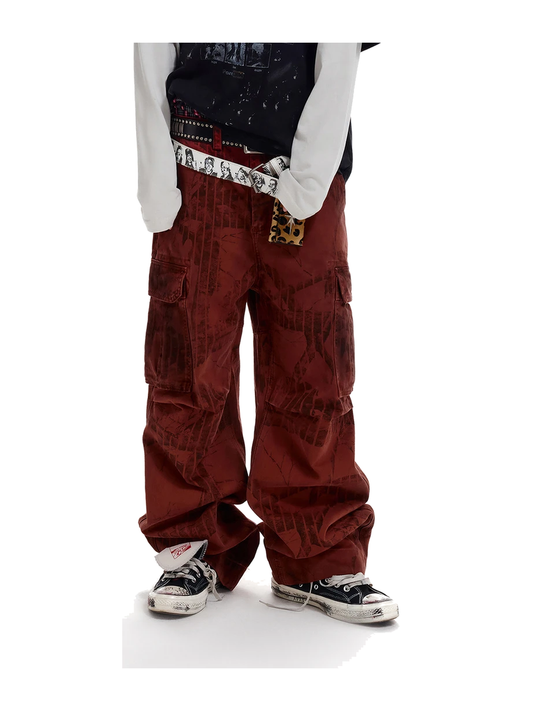 Red Tree-Camo Wide-Leg Cargo Pants product image 1