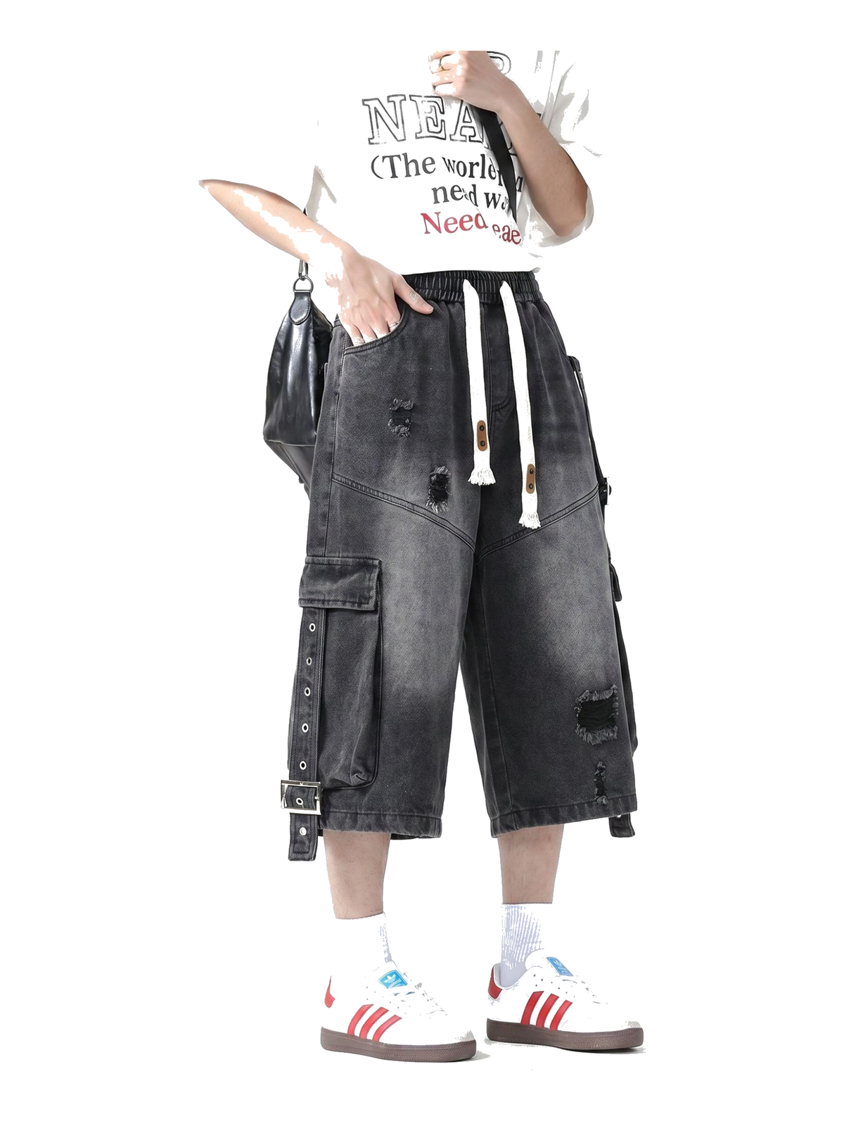 Ribbon Distressed Longline Denim Shorts product image 3