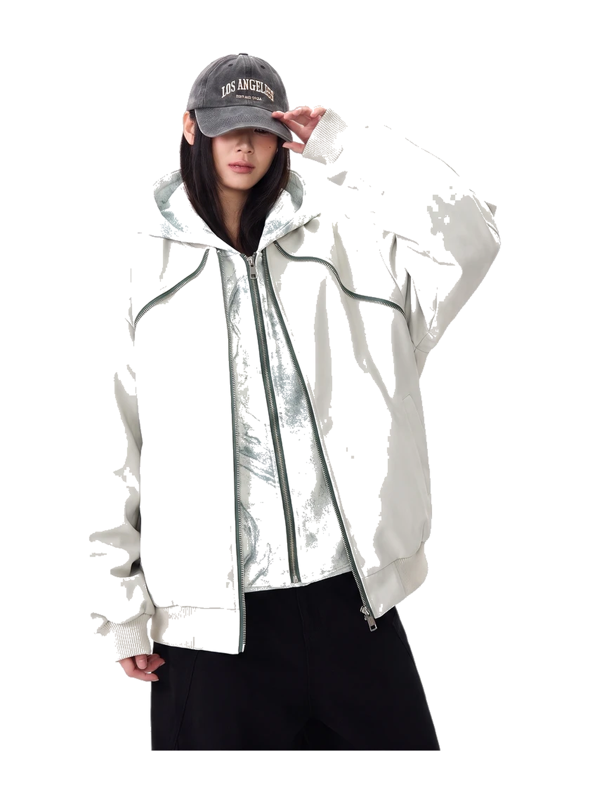 Layered-Hood Faux-Leather Bomber Jacket product image 5