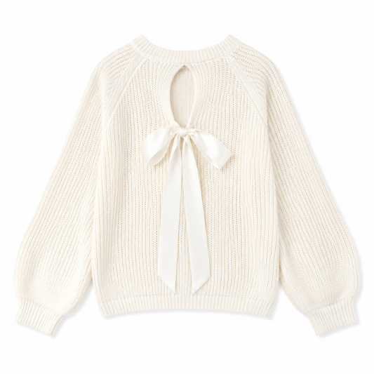 Women’s White Backless Bow Tie Knit Sweater – Elegant Open Back Long Sleeve Pullover