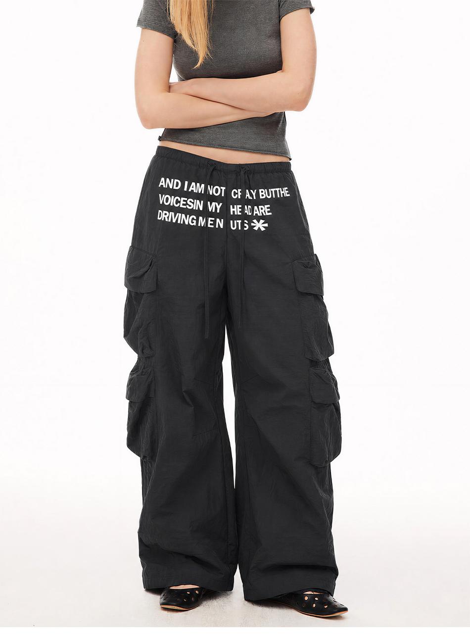 Ace Jolun Vintage Letter Print Multi‑Pocket Wide‑Leg Cargo Pants